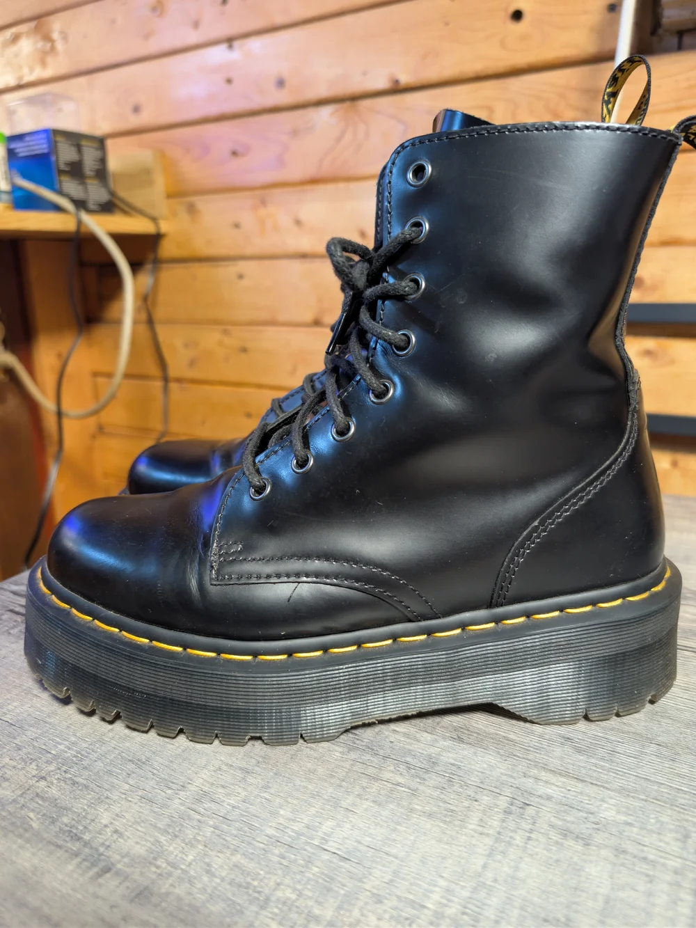 Dr. Martens Black Leather Platform Lace-Up Boots with Yellow Stitching